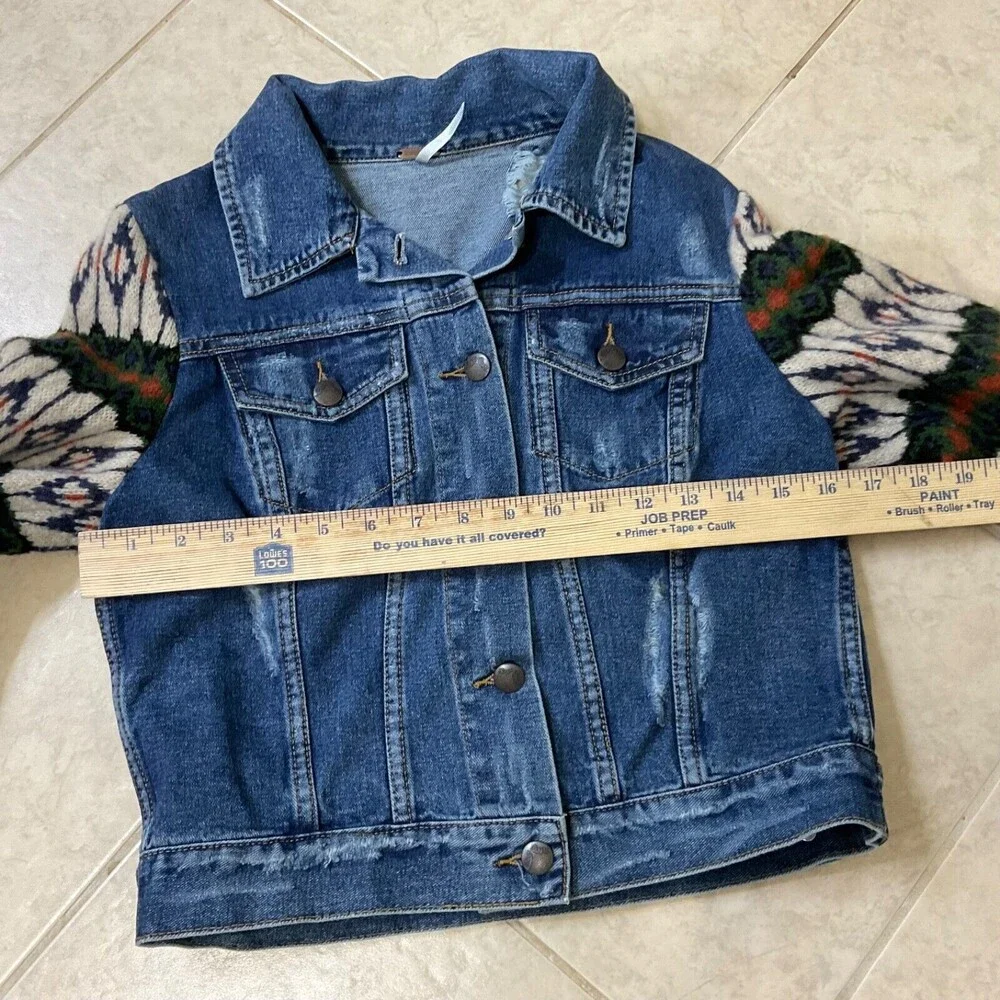 Free People Denim Jacket womens sz. XS Nordic wool Sweater Sleeves Distressed
